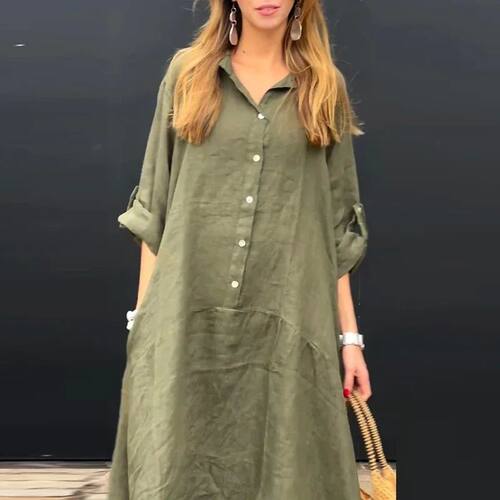 翻领纯色长袖衬衫连衣裙 Collar solid color long sleeved dress