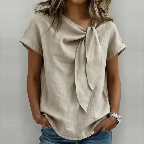 V领纯色系带短袖T恤 Solid color lace up short sleeved T-shirt