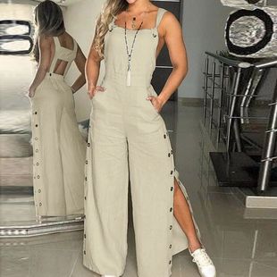 Multi pocket side buckle overalls women 无袖口袋侧排扣背带裤