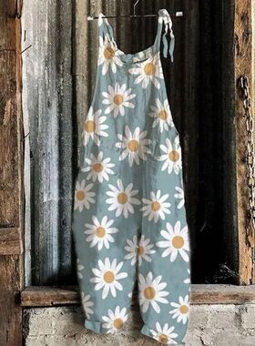 Printed high waisted breathable overalls印花高腰透气背带裤女