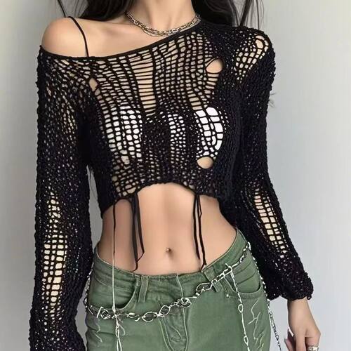 纯色镂空长袖短款上衣 Solid color hollow out long sleeved top
