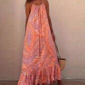 large Printed swin印花V领吊带连衣裙 dress with neck camisole