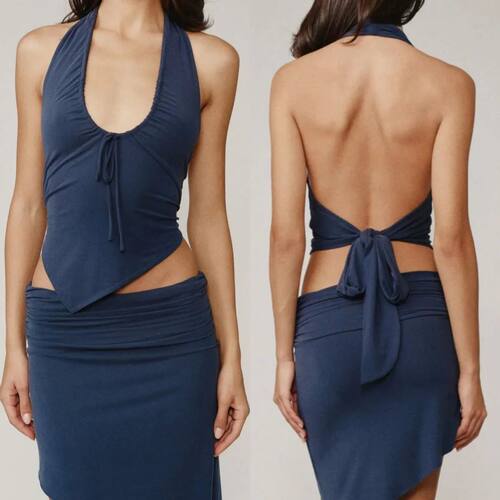 挂脖无袖纯色上衣 Hanging neck sleeveless solid color top set