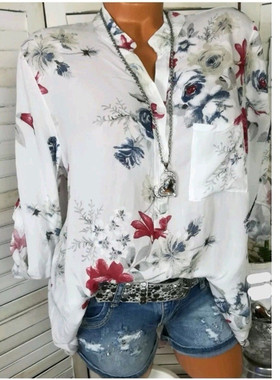 Printed V-Neck Pullable Long Sleeve Shirt印花V领可挽长袖衬衣