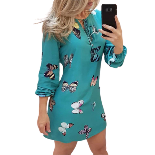 Printed V-Neck Tie Balloon Sleeve Dress印花V领灯笼袖连衣短裙