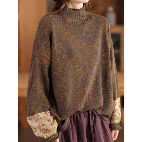 高领印花长袖上衣 High neck printed long sleeved sweater top