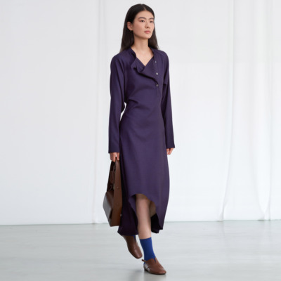 Herz靛紫色斜襟荡领提花连衣长裙不对称鱼尾裙摆收腰通勤新中式裙