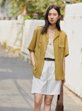 Herz芥黄色格纹宽松短袖衬衣高级感通勤短款中性日常衬衫男女同款