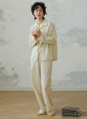 Herz奶黄色条纹家居套装Bathroom联名原创设计睡衣纯棉情侣款宽松