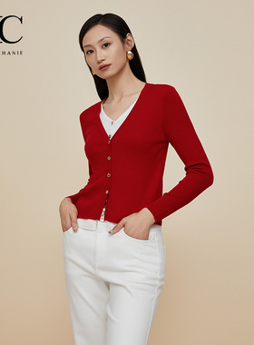 【红色系】EC奕辰2025秋季新款针织衫假两件撞色上衣女eahchanie