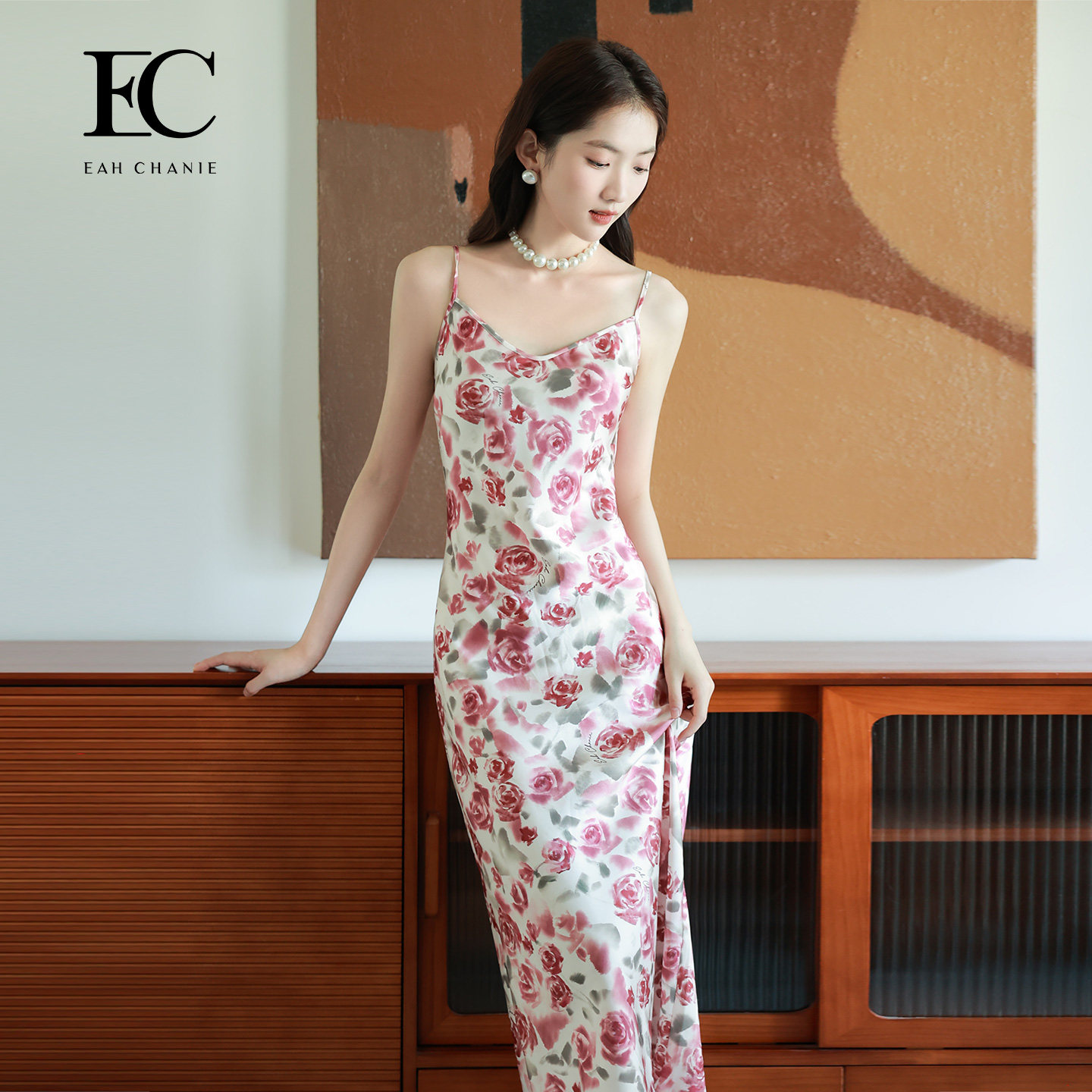 【玫瑰吊带裙】奕辰商场同款夏季新款显瘦印花连衣裙浪漫度假长裙