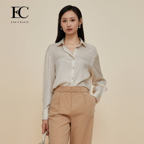 奕辰桑蚕丝宽松条纹长袖衬衫