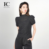 奕辰2025夏季 烫钻T恤女eahchanie 上衣气质泡泡袖 新款 优雅百搭短袖