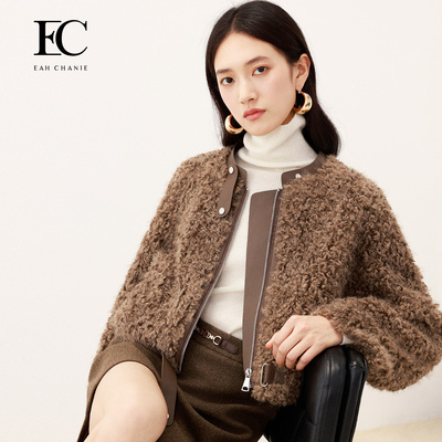 奕辰毛绒拼接皮质圆领加厚短外套