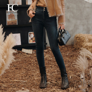 铅笔裤 奕辰秋季 减龄修身 蓝色高腰显瘦小脚牛仔裤 女eahchanie 新款