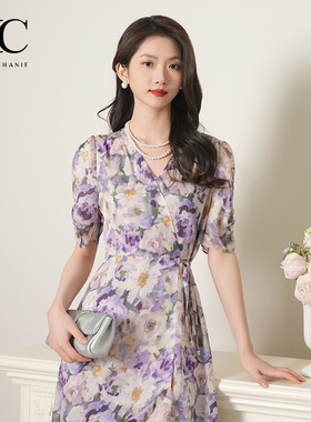 EC奕辰2025夏季新款法式紫色浪漫连衣裙度假风印花裙女eahchanie