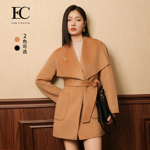 【商场同款】奕辰2025冬季新款绵羊毛双面呢大衣翻领系带毛呢外套