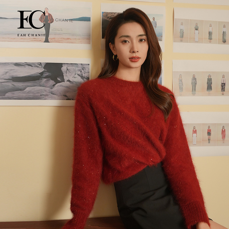 【商场同款】奕辰2025冬季新款圆领亮片宽松毛衣