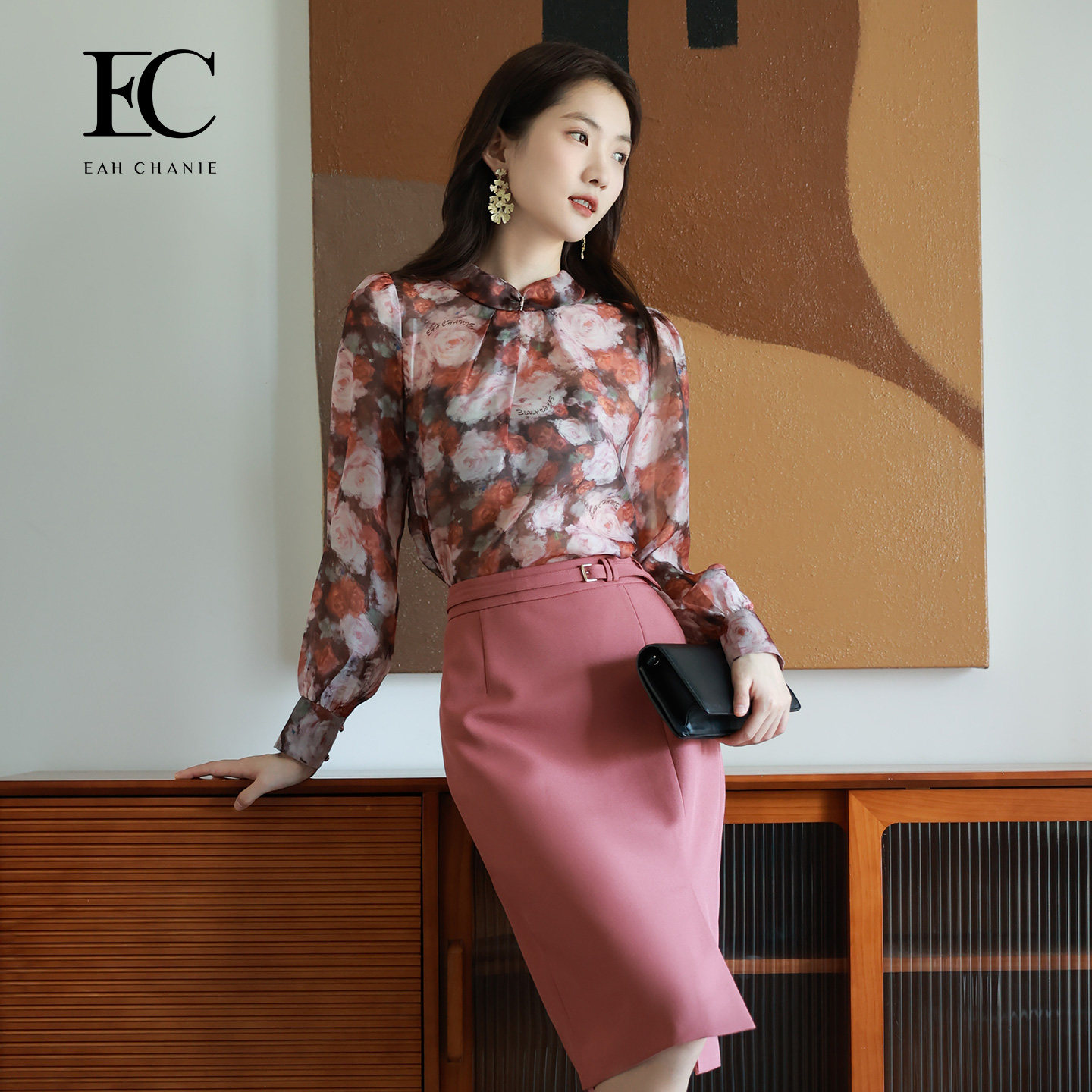 【商场同款】奕辰春季新款立领印花衬衫法式温柔复古雪纺长袖