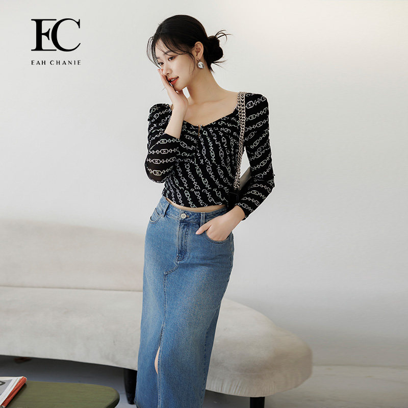 EAH CHANIE一字肩印花衬衫奕辰女装商场同款休闲显瘦秋季新款