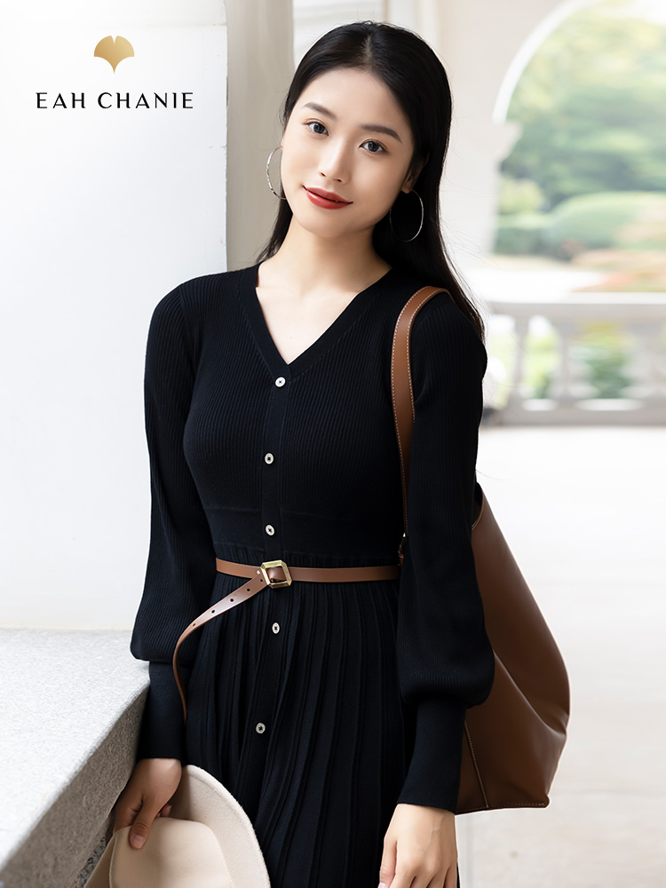 eahchanie奕辰黑色过膝气质针织连衣裙内搭收腰显瘦v领打底毛衣裙