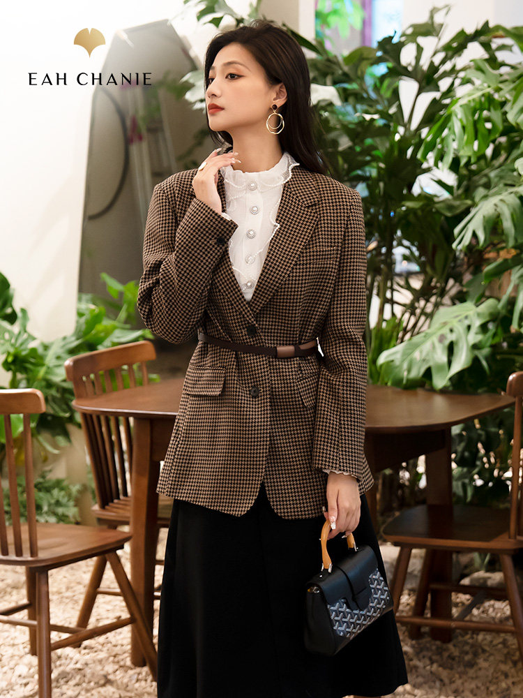eahchanie奕辰春秋新款通勤千鸟格西服收腰显瘦修身西装外套女