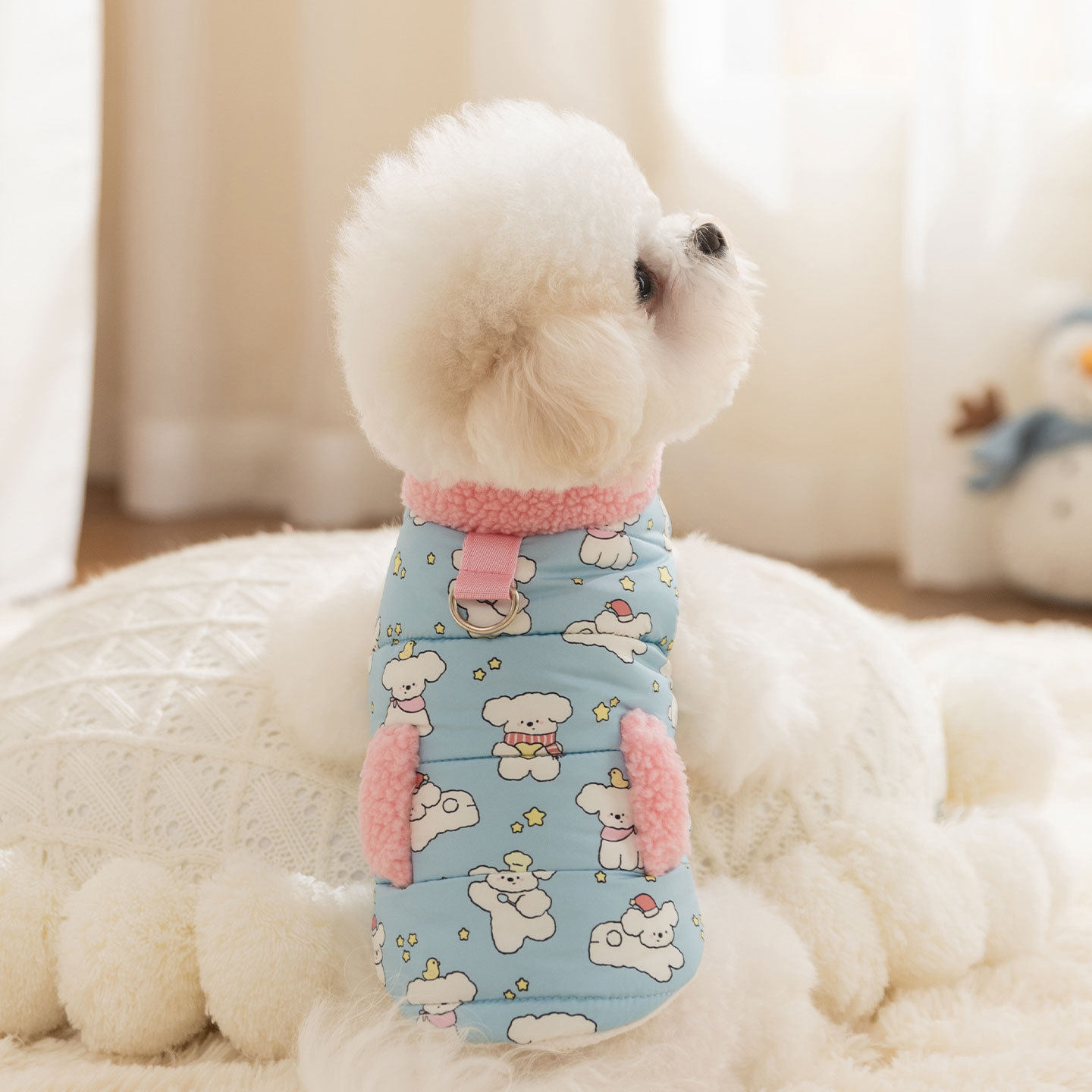 狗衣服撞色高领卡通印花牵引马甲猫宠物服装/雨衣（新