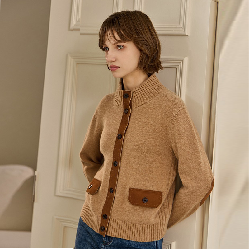 THEEASE舒适派纯山羊绒开衫麂皮拼接小众设计感女立领毛衣外套