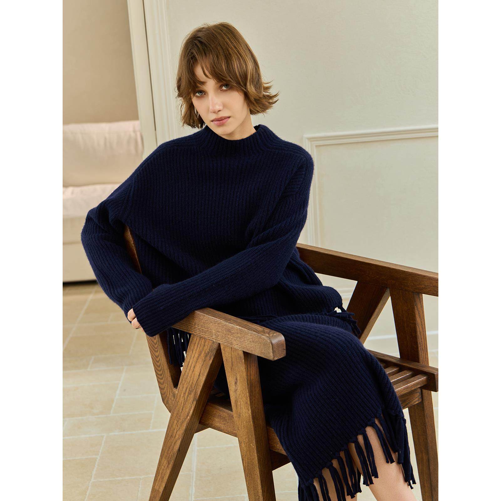 THEEASE舒适派【设计师款】羊绒羊毛混纺手工针织流苏女时尚套