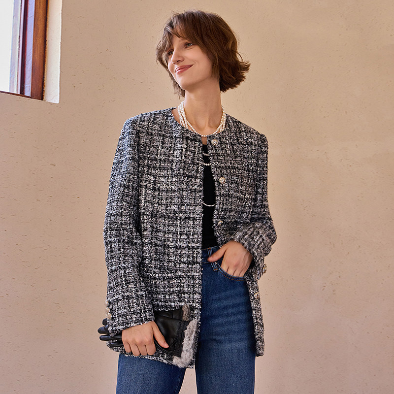 THEEASE舒适派进口棉羊毛粗花呢外套小香风休闲通勤圆领长袖开