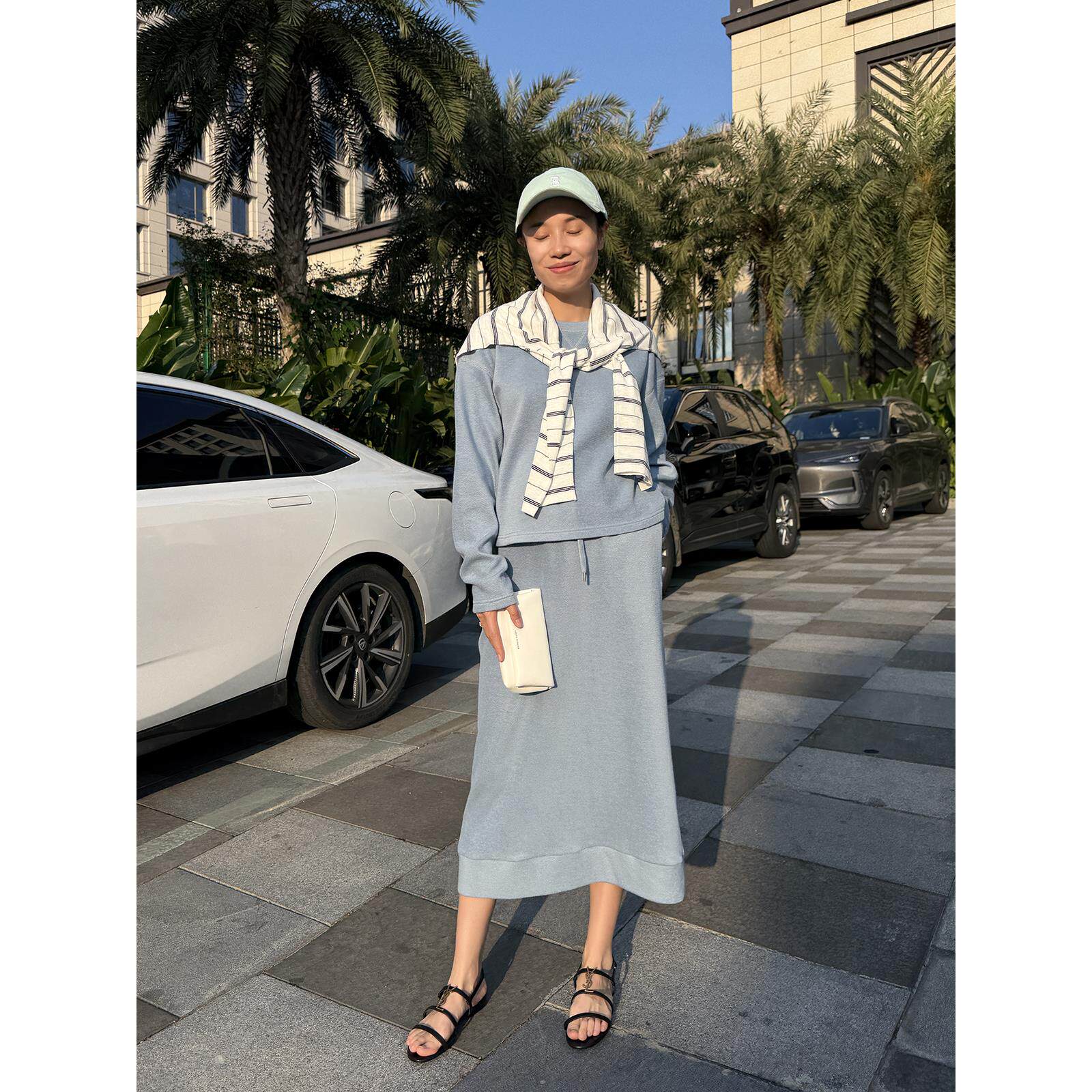 THEEASE舒适派棉半身裙卫衣套装休闲百搭柔软通勤风女直筒中长