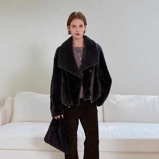 THEEASE舒适派大翻领稀有灰色水貂高级设计感宽松保暖女皮草外套