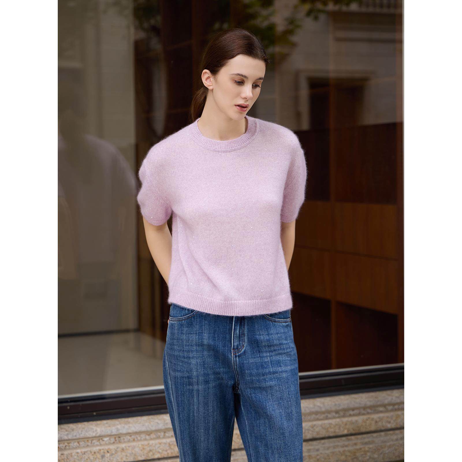 THEEASE舒适派【闪耀系列】特种花式纱羊绒毛衣法式女短袖针织