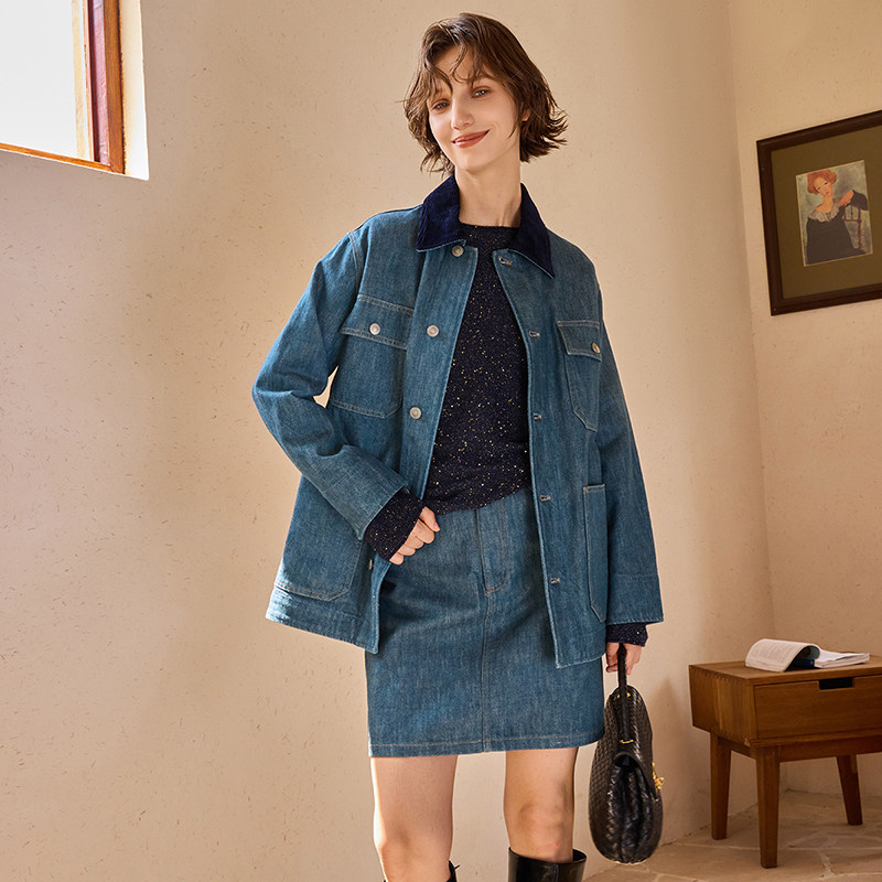 THEEASE舒适派纯棉蓝色牛仔半身裙定制进口面料复古风直筒中裙