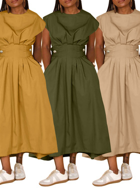 Solidcolor crew neck loose swing dress纯色圆领宽松大摆连衣裙