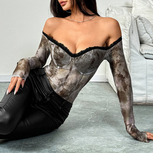 onesie 复古网纱蕾丝一字肩显瘦性感连体衣Lacy sexy long sleeve