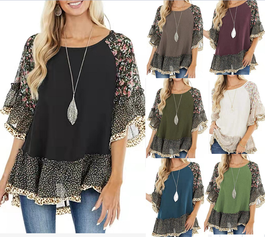 欧美女装蝙蝠袖豹纹碎花中袖T恤