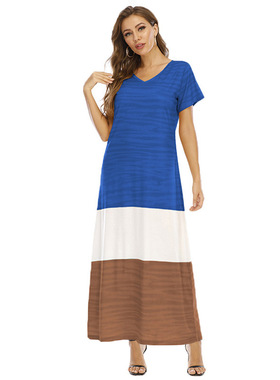 Plussize robe matching color dress欧美爆款大码长袍拼色连衣裙