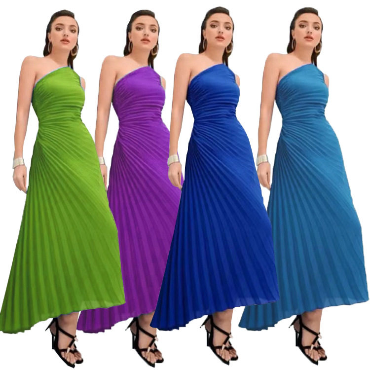 女装爆款热卖褶皱斜肩连衣裙