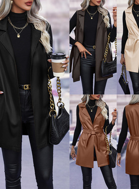 Mid-length PU leather vest jacket 中长款PU皮马甲背心夹克外套