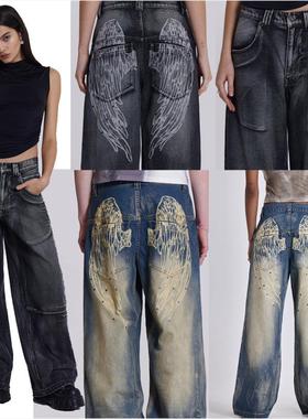 Retro loose wide-leg jeans做旧翅膀印花美式复古宽松阔腿牛仔裤