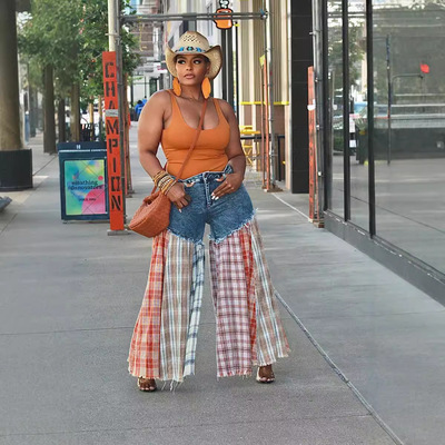 女装休闲阔腿裤拼接牛仔裤