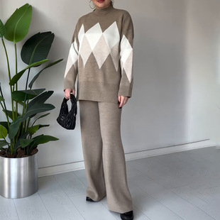 菱格慵懒风针织长裤毛衣套装 Women's knitted pants sweater set
