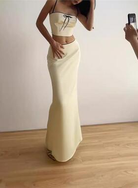 Lace-up tank top sexy lace skirt set系带背心花边半身长裙套装