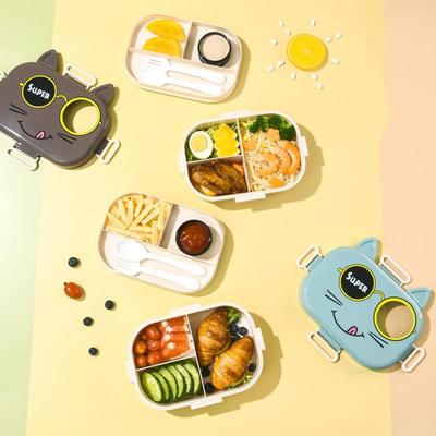 Cartoon Cat Children's Bento Box Partitioned Lunch Plate Stu