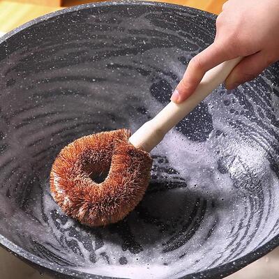 Coconut Fiber Pot Brush with Wooden Handle, Kitchen Wooden S