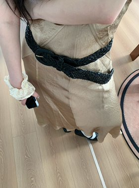 宽版复古百搭小众做旧针扣编织皮带免打孔装饰腰带黑色男女同款