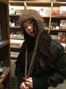 2024秋冬新款韩系ins感羊羔毛绒保暖护耳雷锋帽针织套头毛线帽子