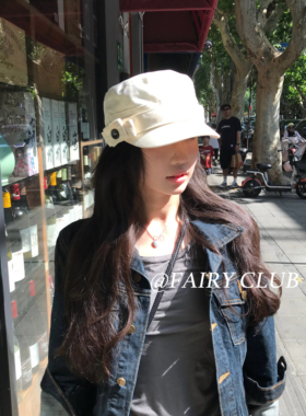 日系秋冬复古纽扣平顶鸭舌帽显脸小日常休闲早古报童帽马术帽子女