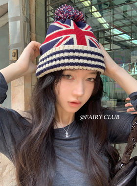 韩版百搭ins提花针织帽英伦风米字国旗针织帽毛线帽保暖帽冷帽潮